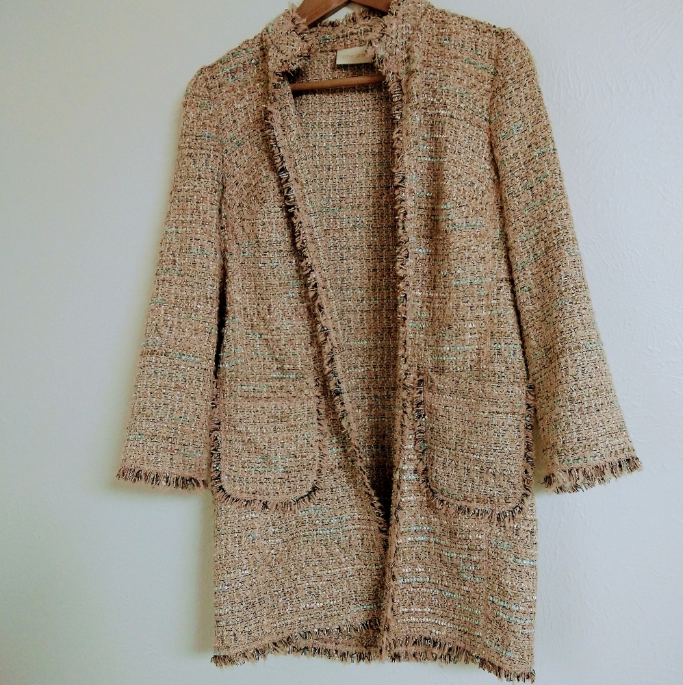Chicos Boucle Open Front Textured Frayed Cardigan Duster Jacket